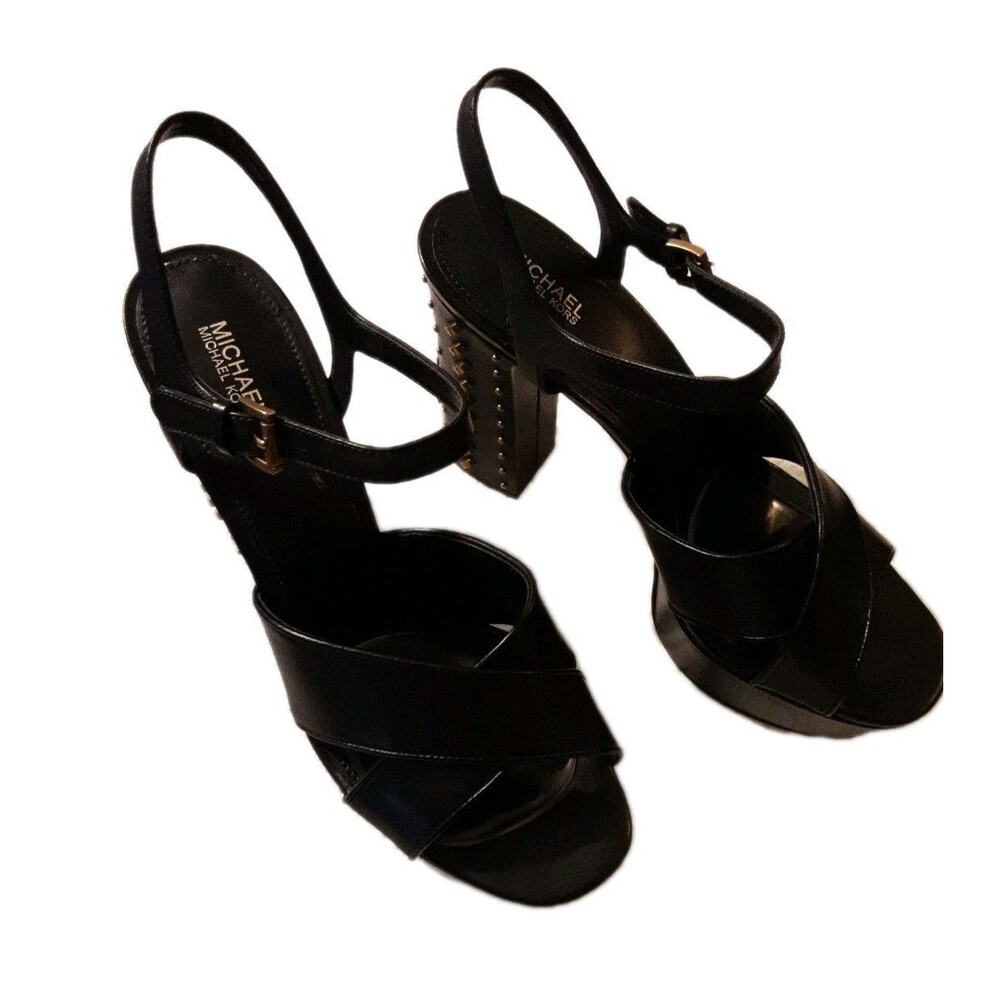MICHAEL MICHAEL Palmer Platform Leather Sandals Women Sz 9.5 Black Gold Studded